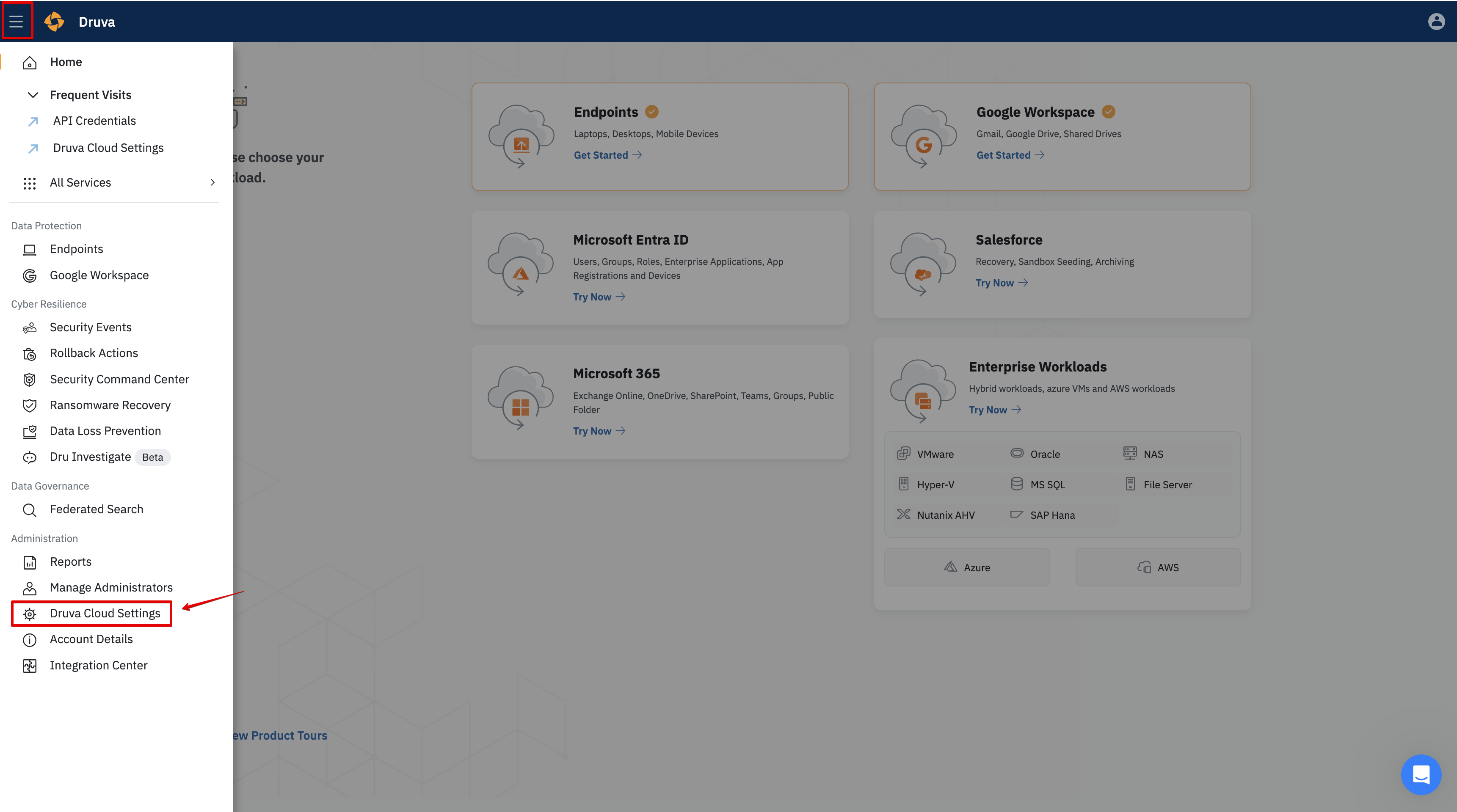 Druva Cloud Settings